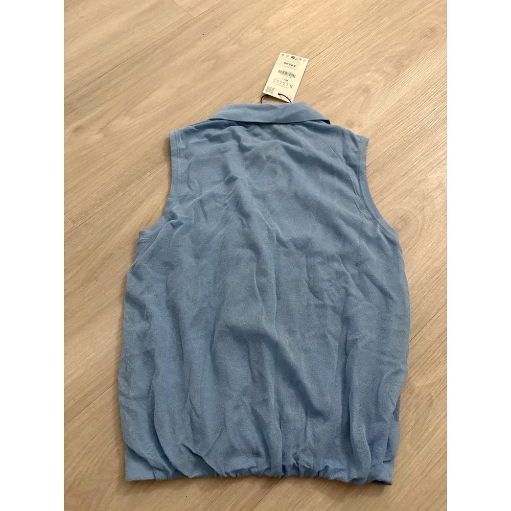 Zara Women Polo Top Sleeveless Knit Top Light Blue V-Neck Elastic Hem Size S NWT